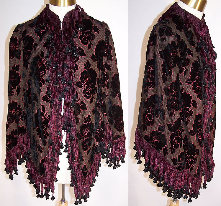 Victorian Red & Black Voided Velvet Chenille Beaded Fringe Dolman Mantle Cape
