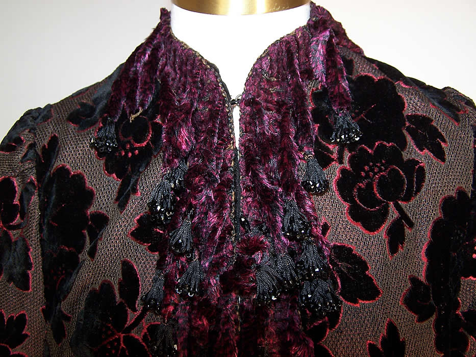 Victorian Red & Black Voided Velvet Chenille Beaded Fringe Dolman Mantle Cape