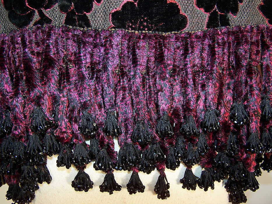 Victorian Red & Black Voided Velvet Chenille Beaded Fringe Dolman Mantle Cape