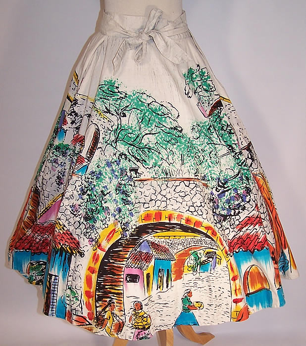 Vintage Tel-Art Figural Village Scene Hand Painted Mexican Circle Skirt