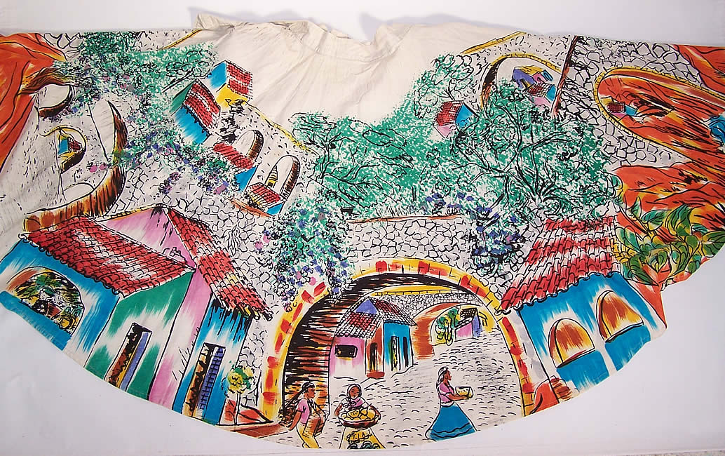 Vintage Tel-Art Figural Village Scene Hand Painted Mexican Circle Skirt 