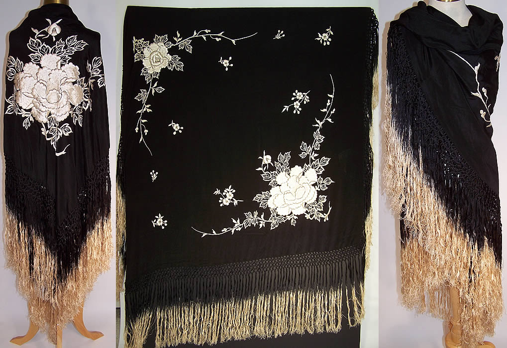 Antique Art Deco Black & White Silk Roses Floral Embroidered Piano Shawl