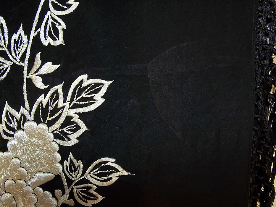 Antique Art Deco Black & White Silk Roses Floral Embroidered Piano Shawl