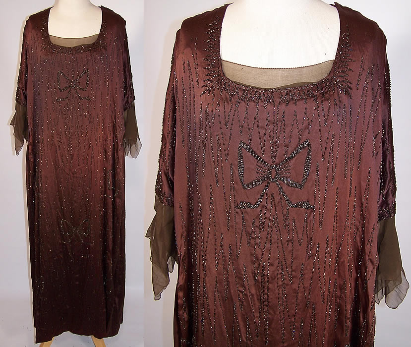 Vintage Art Deco Brown Silk Ribbon Bow Beaded Flapper Dress Gown
