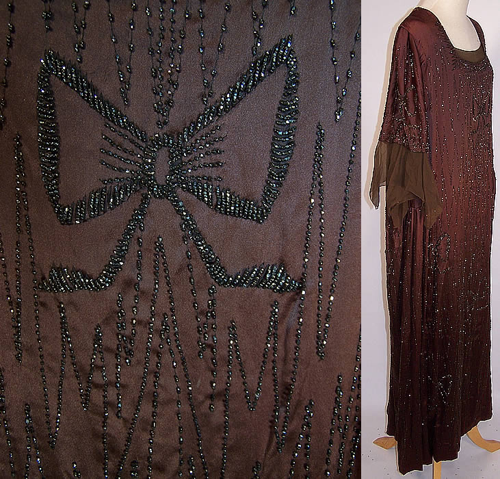 Vintage Art Deco Brown Silk Ribbon Bow Beaded Flapper Dress Gown
