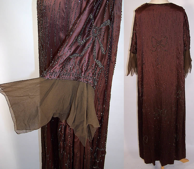 Vintage Art Deco Brown Silk Ribbon Bow Beaded Flapper Dress Gown