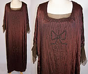 Vintage 1920s Art Deco Brown Silk Ribbon Bow Beaded Flapper Dress Gown