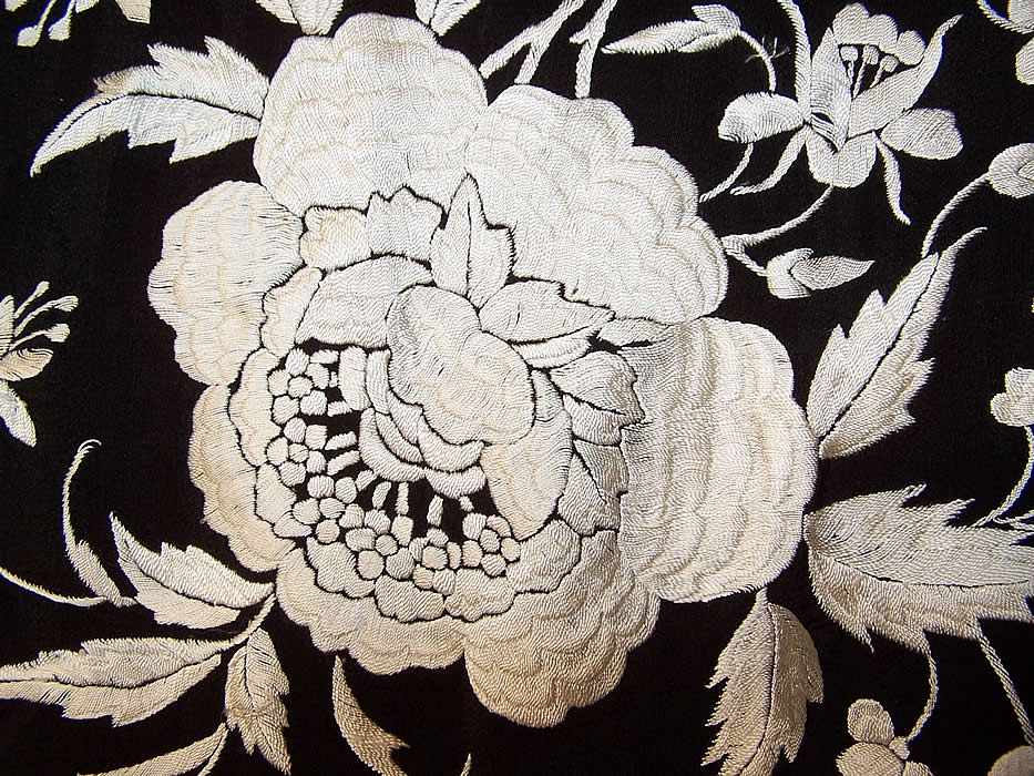 Antique Black & White Floral Silk Embroidered Canton Piano Shawl