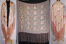 Vintage Pink Pastel Silk Embroidered Floral Fringe Piano Shawl