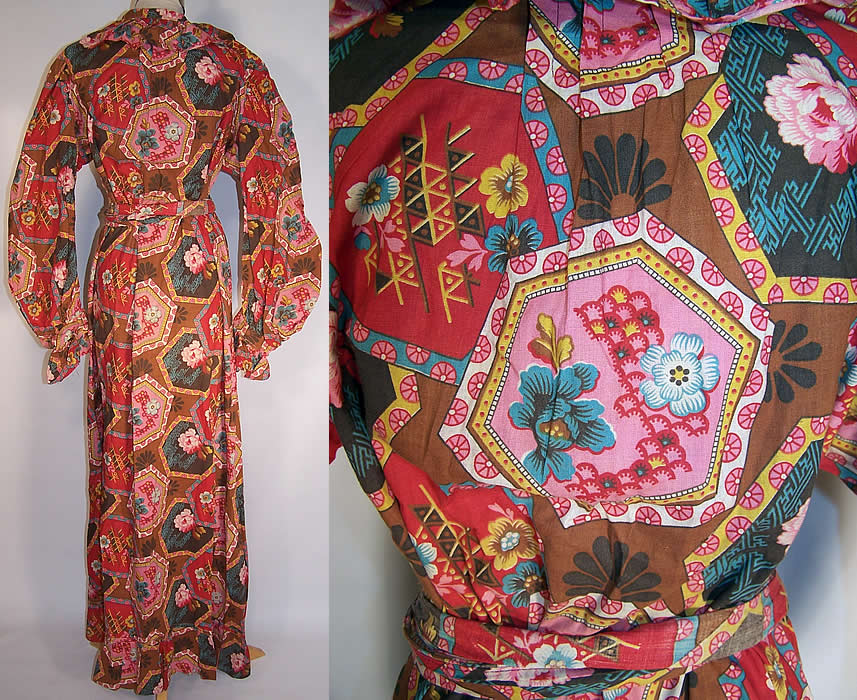 Victorian Womens Cotton Calico Chintz Orientalism Morning Gown Robe Dress two back views