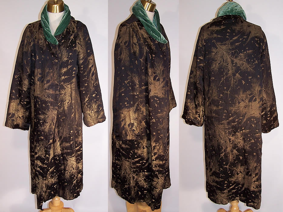 Art Deco Black Velvet Gold Stenciled Oak Maple Leaf Cocoon Opera Coat