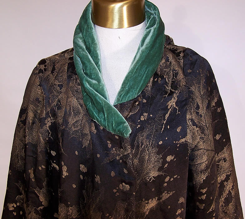 Art Deco Black Velvet Gold Stenciled Oak Maple Leaf Cocoon Opera Coat