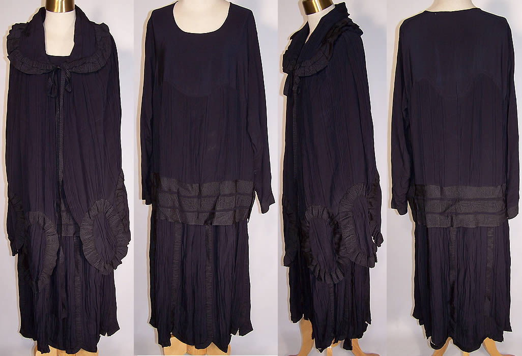 Vintage Pleated Ruched Navy Blue Silk Drop Waist Dress & Cloak Cape