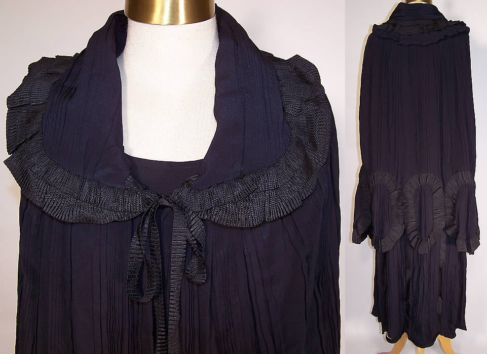 Vintage Pleated Ruched Navy Blue Silk Drop Waist Dress & Cloak Cape