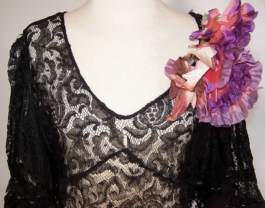 Vintage Black Lace Net Silk Applique Purple Flower Bias Cut Dress Gown 