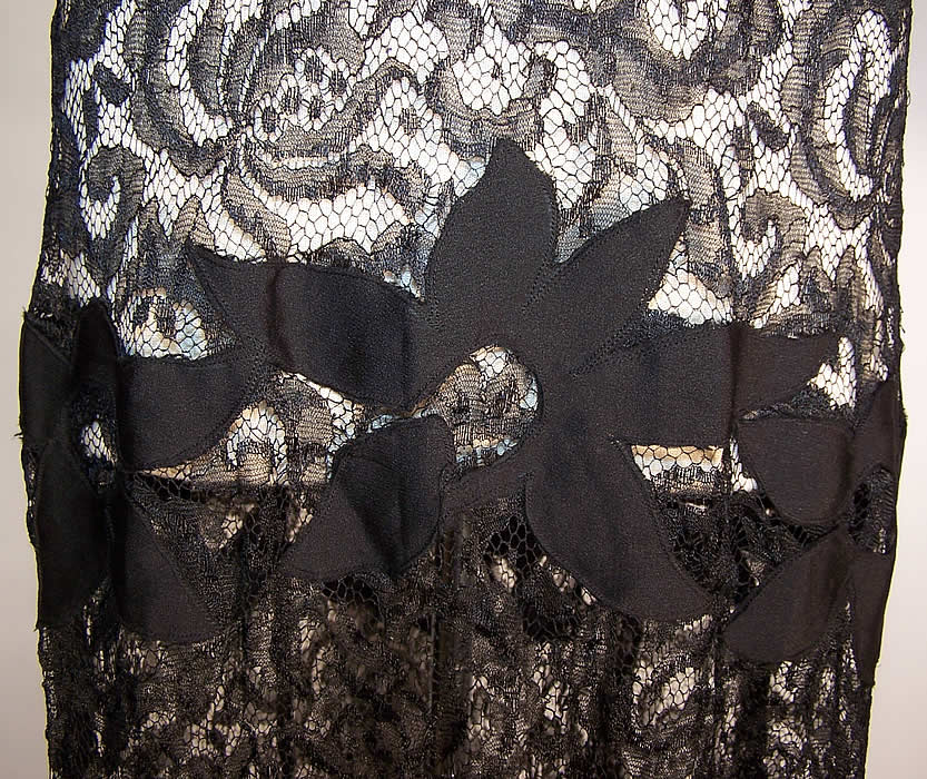 Vintage Black Lace Net Silk Applique Purple Flower Bias Cut Dress Gown 