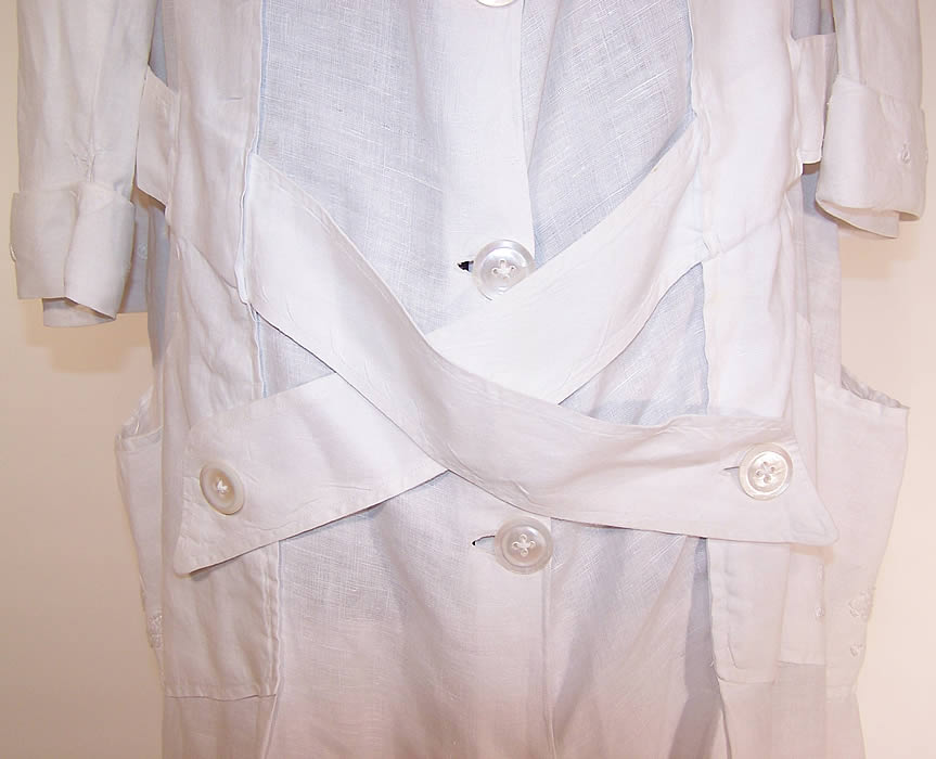 Edwardian Women's White Linen Embroidered Belted Long Duster Coat close up