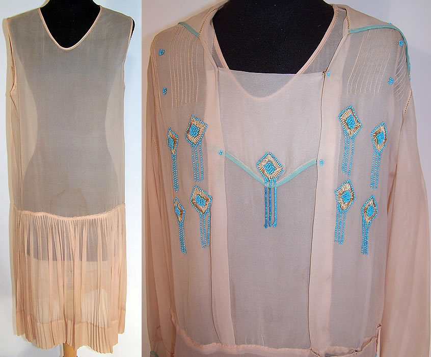 Vintage Pleated Pink Silk Turquoise Beaded Drop Waist Slip Dress and Blouse