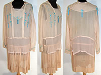 Vintage 1920s Pleated Pink Silk Turquoise Beaded Drop Waist Slip Dress and Blouse