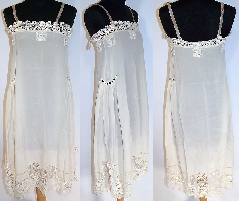 Vintage White Silk Irish Crochet Lace Lingerie Chemise Shift Slip Dress