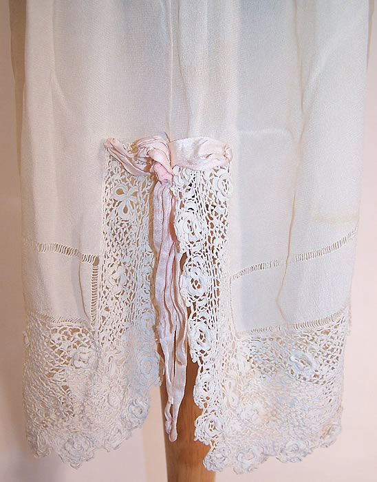 Vintage White Silk Irish Crochet Lace Lingerie Chemise Shift Slip Dress ribbon bow trim close up.