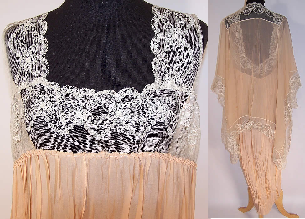 Vintage Peach Silk Chiffon Lace Rosette Negligee Peignoir Robe & Chemise Slip Nightgown
