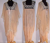 Vintage 1920s Peach Silk Chiffon Lace Rosette Negligee Peignoir Robe & Chemise Slip Nightgown