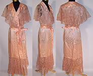 Vintage Peach Silk Tambour Lace Shawl Collar Negligee Peignoir Robe 
