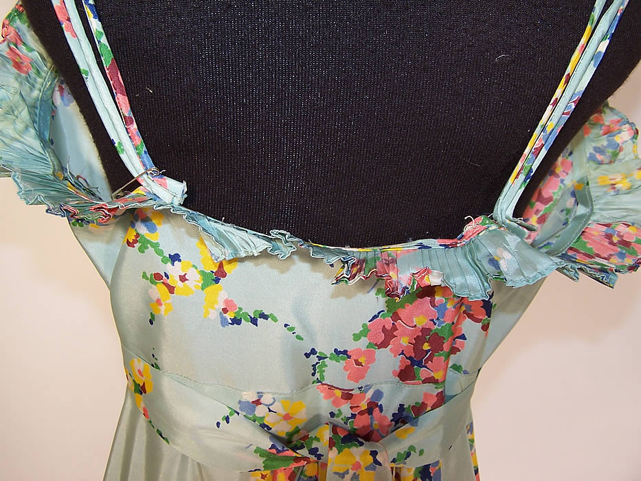 Vintage Blue Floral Pastel Rayon Taffeta Dress Gown Bolero Jacket the shoulder straps are safety pinned need to be reattached