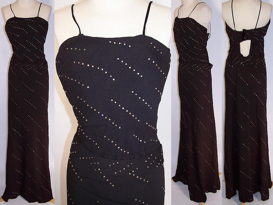 Vintage Black Crepe Rhinestone Sexy Bombshell Evening Gown