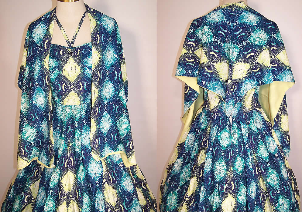 Vintage Royal Hawaiian Tapa Print Rayon Circle Skirt Halter Dress & Stole Shawl
