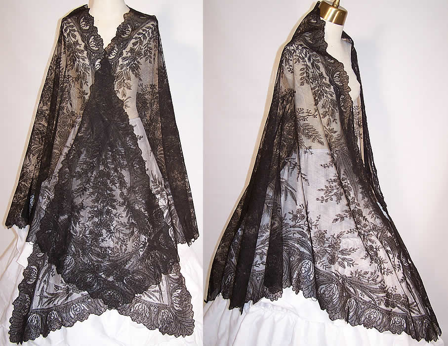 Victorian Civil War Antique Black Chantilly Lace Mantilla Shawl