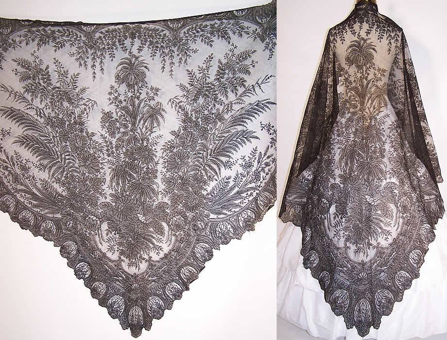 Victorian Civil War Antique Black Chantilly Lace Mantilla Shawl