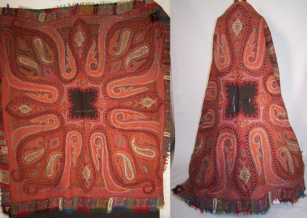 Antique Kashmir Hand Embroidered Woven Pieced Paisley Shawl