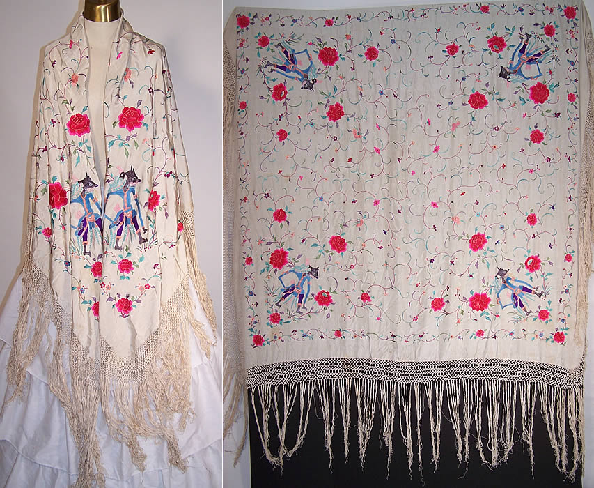 Antique Chinese Demon Figure White Silk Embroidered Canton Piano Shawl
