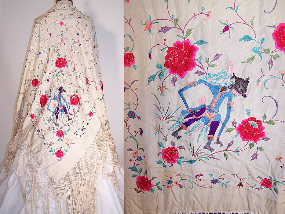 Antique Chinese Demon Figure White Silk Embroidered Canton Piano Shawl
