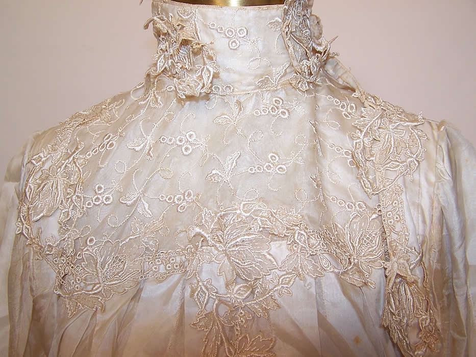 Victorian Silk Wedding Dress Blouse Skirt Petticoat Camisole Lot close up.