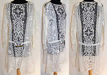 1920s White Embroidered Batiste Filet Lace Belted Drop Waist Dress