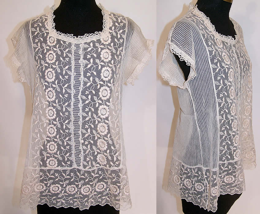 Vintage Ecru Embroidered Net Lace Tunic Top Babydoll Blouse