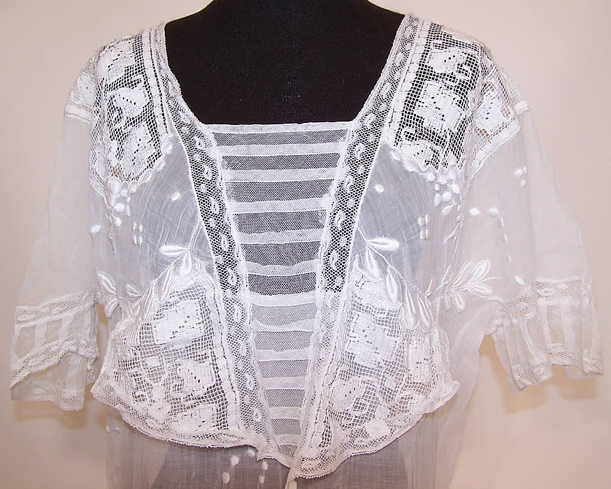 White Embroidered Batiste Filet Lace Nightgown Dress close up of the top