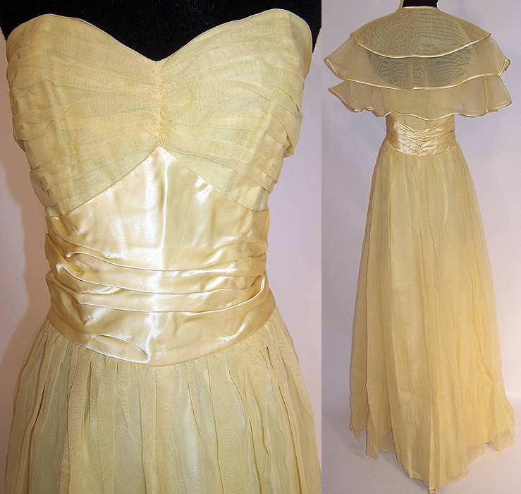Vintage Fred Perlberg Yellow Chiffon Strapless Formal Gown Dance Dress & Cape