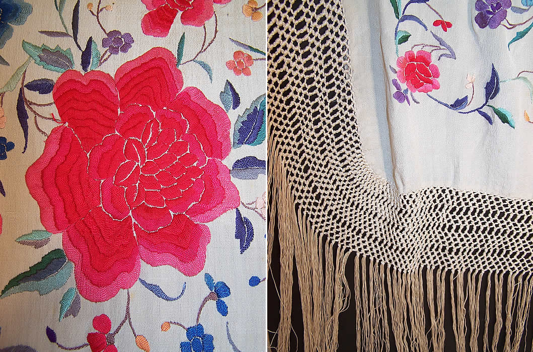 Antique White Silk Red Roses Floral Embroidered Canton Piano Shawl two close ups