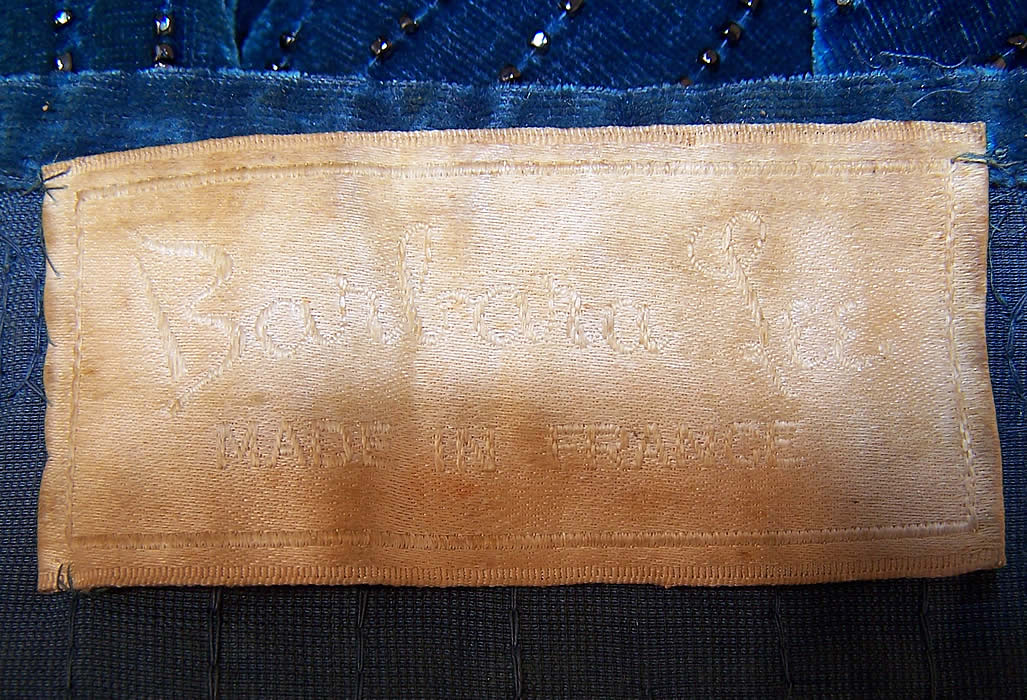 Vintage Barbara Lee France Art Deco Teal Blue Beaded Velvet Flapper Dress label close up