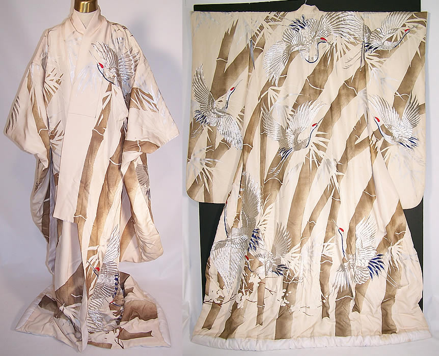 Vintage Japanese Bamboo Crane Embroidered Uchikake Wedding Kimono