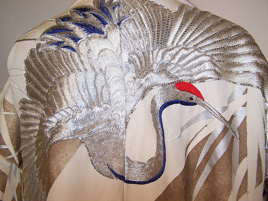 Vintage Japanese Bamboo Crane Embroidered Uchikake Wedding Kimono crane close up.