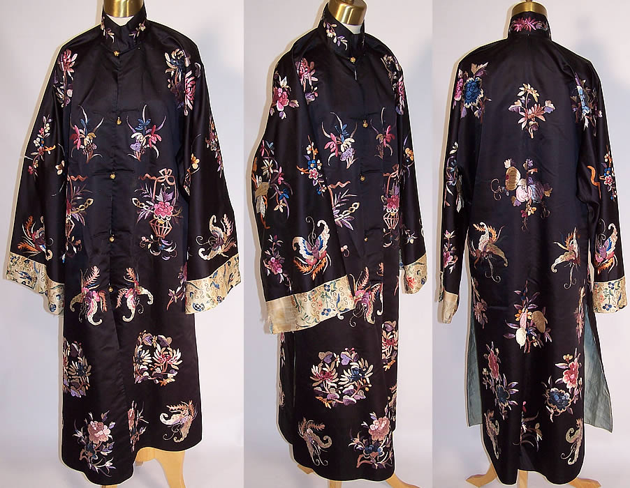 Antique Chinese Butterfly Peony Pomegranate Silk Embroidered Robe Coat