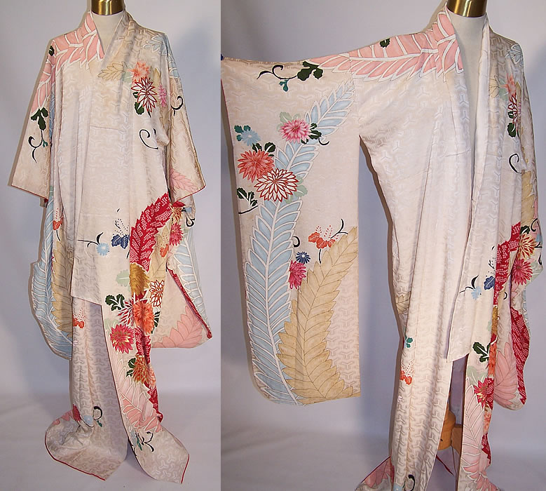 Vintage Japanese Geisha Silk Screen Pastel Floral Shibori Leaf Kimono
