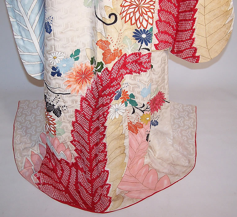 Vintage Japanese Geisha Silk Screen Pastel Floral Shibori Leaf Kimono