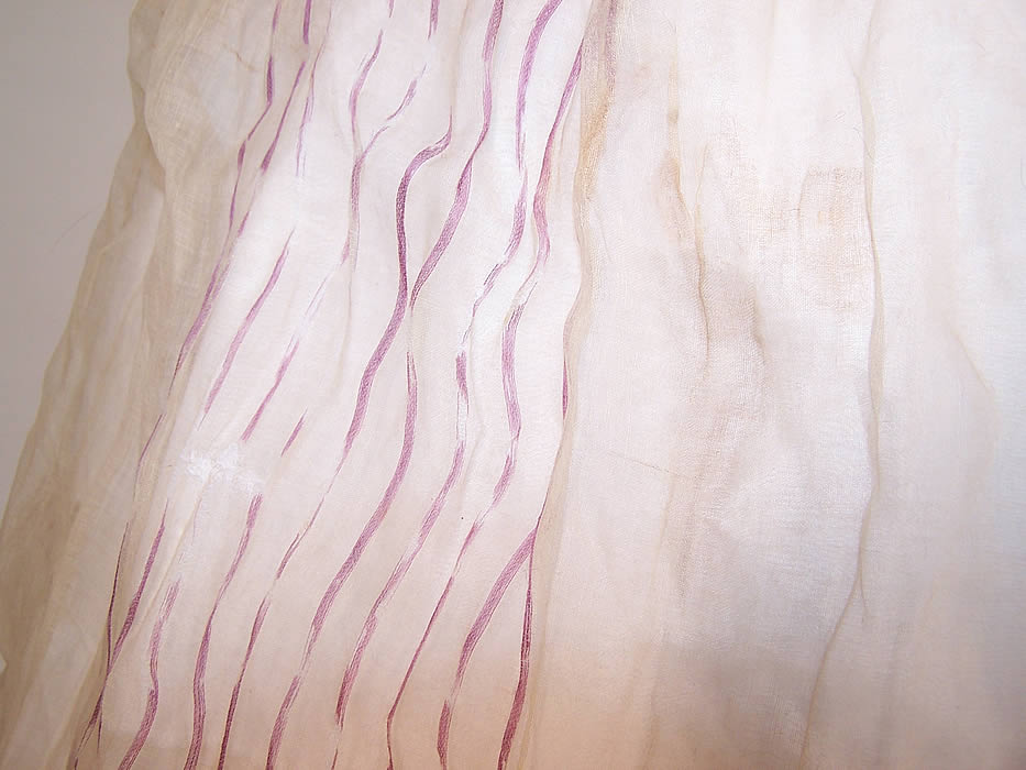 Antique Georgian Regency Muslin Purple Stripe Gigot Sleeve Gown Dress close up.