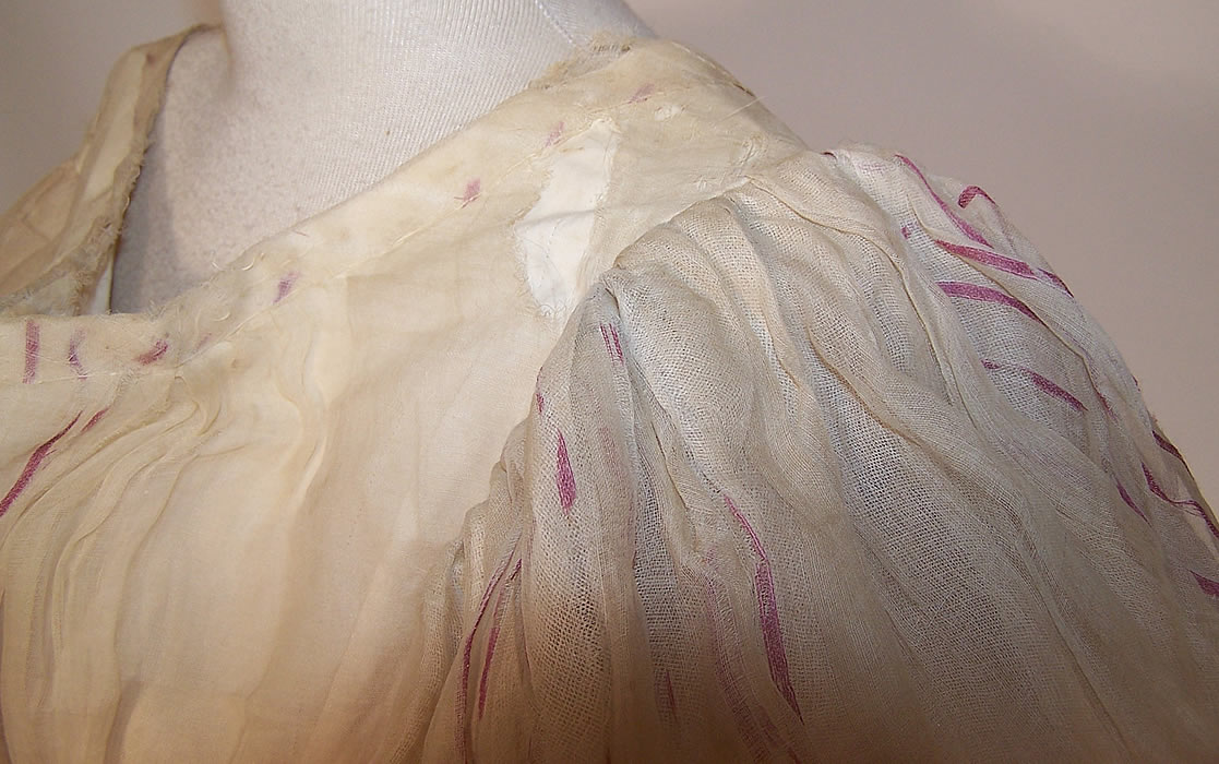 Antique Georgian Regency Muslin Purple Stripe Gigot Sleeve Gown Dress